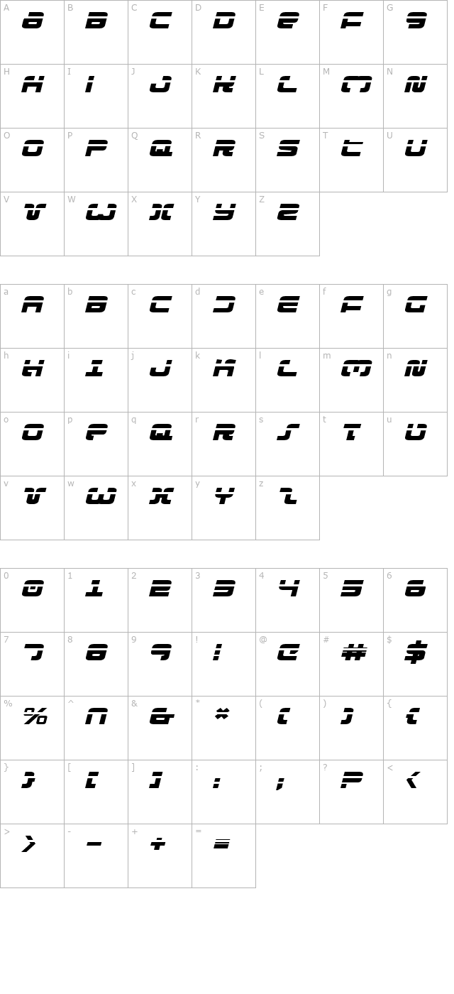 exedore-laser-expanded-italic character map