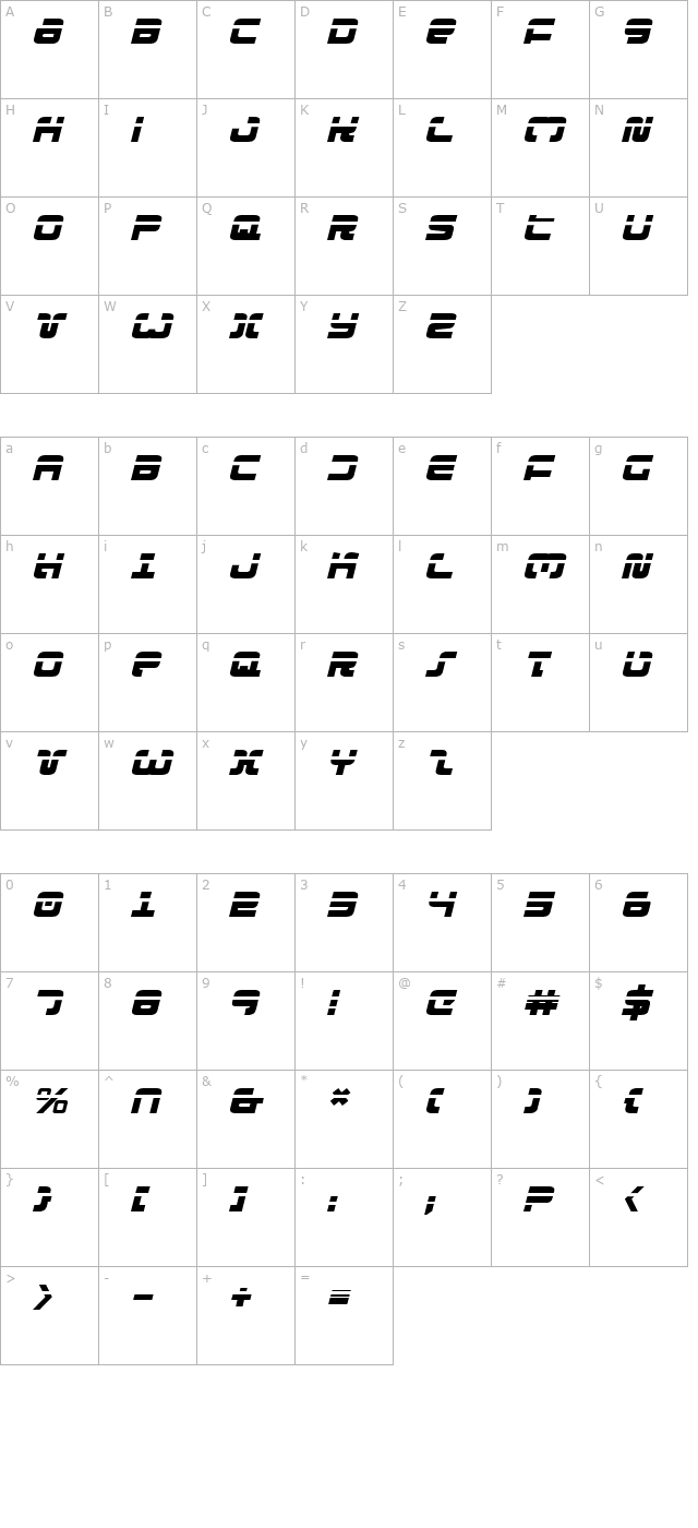 exedore-laser-italic character map