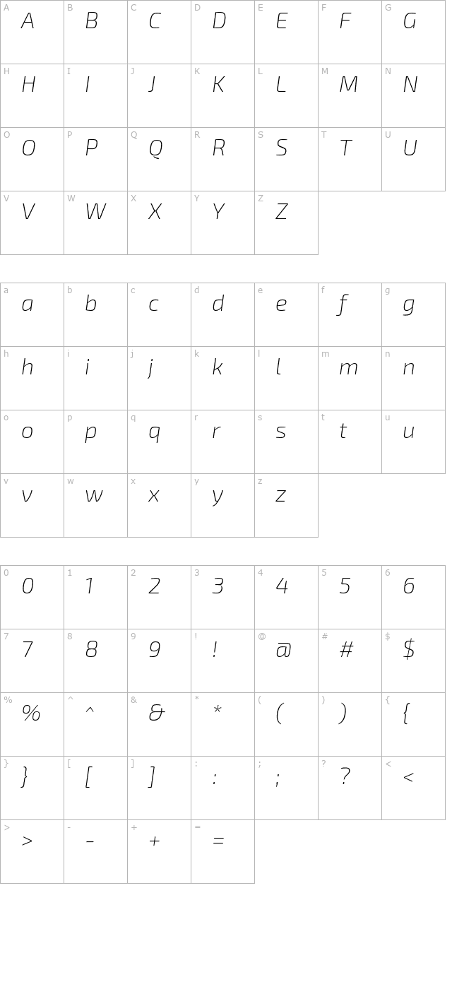 exo-2-extra-light-italic character map