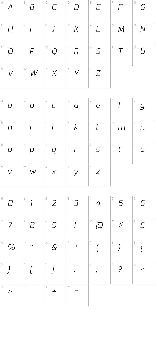 Exo Light Italic character map