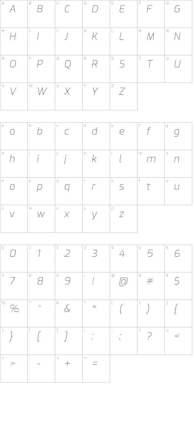 exo-thin-italic character map