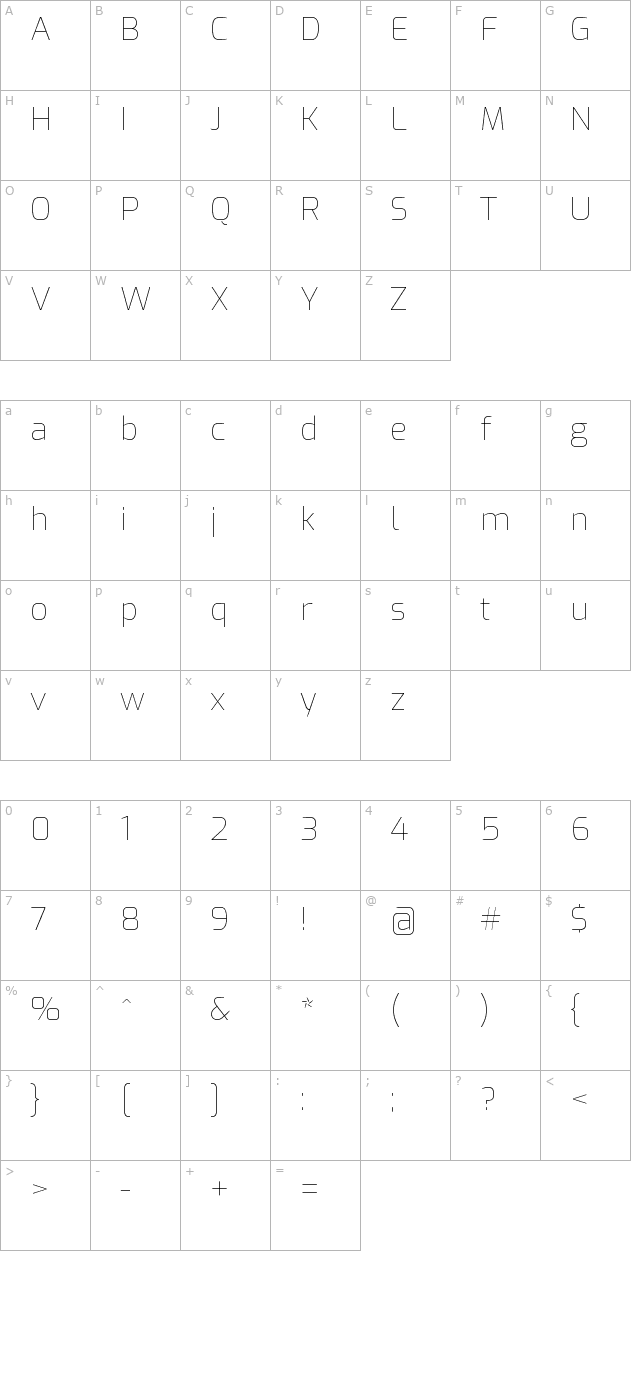 Exo Thin character map