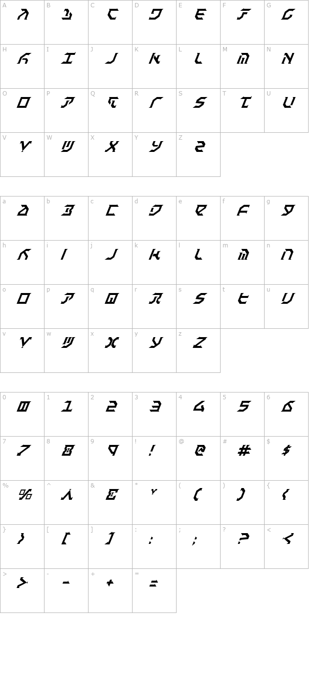 Fantazian Italic character map