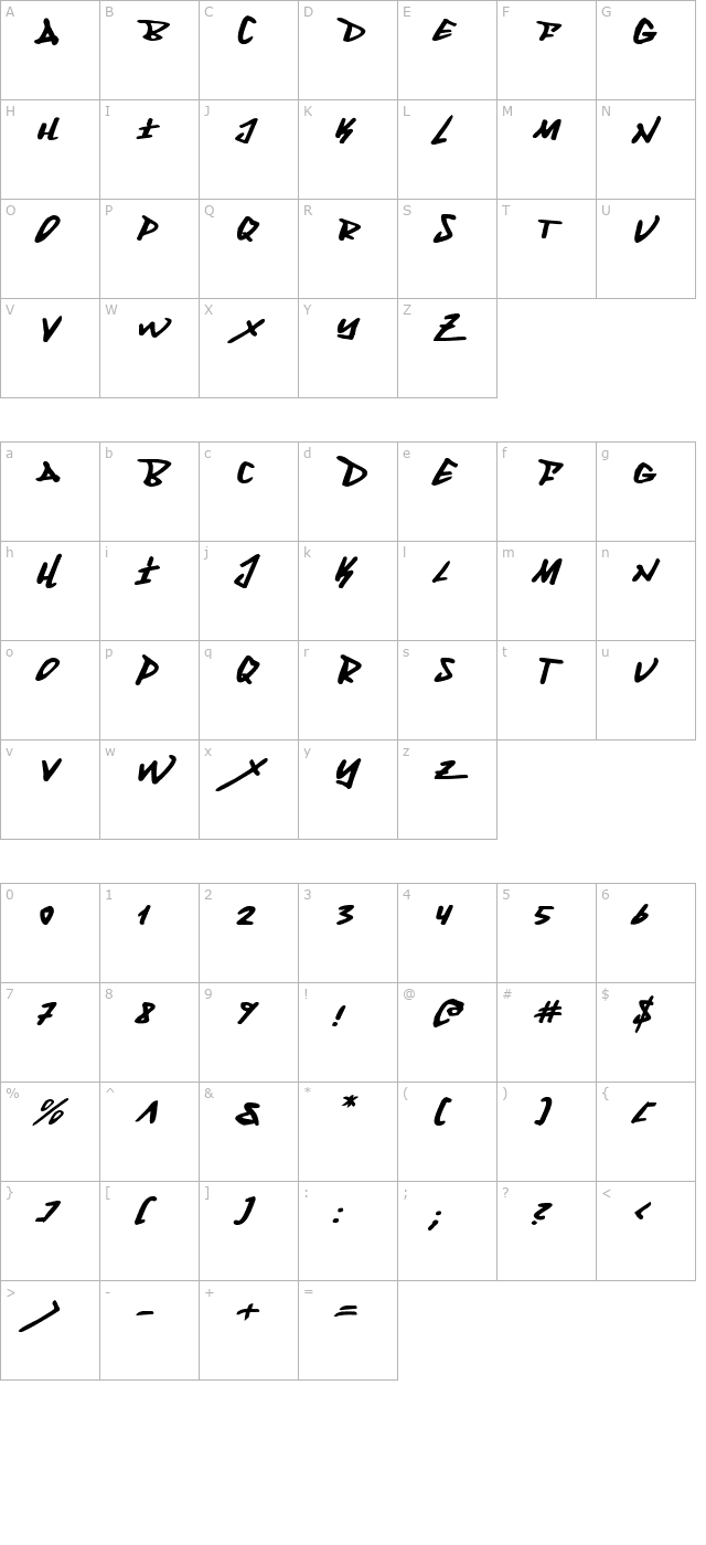 Fantom Expanded Italic character map