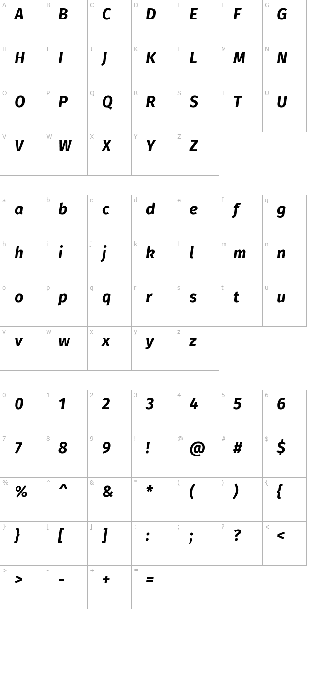 fira-sans-bold-italic character map