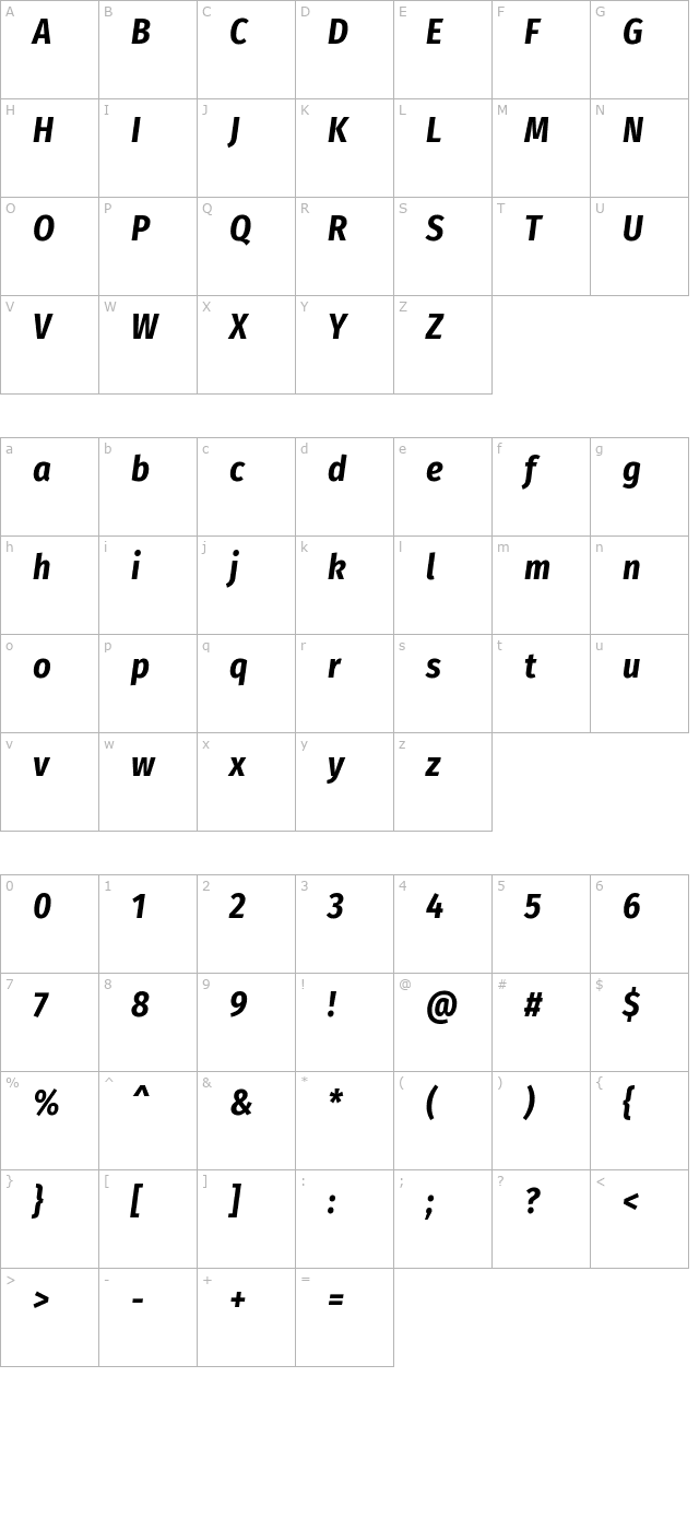 Fira Sans Condensed Bold Italic character map