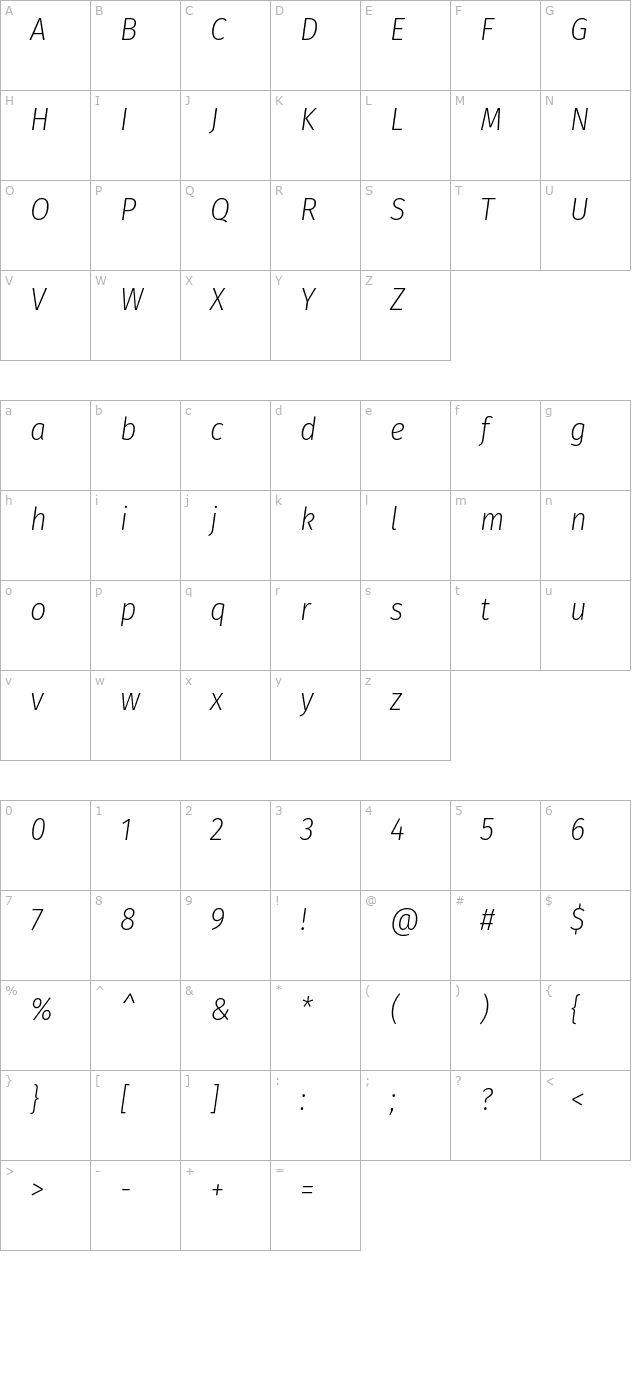 Fira Sans Condensed ExtraLight Italic character map