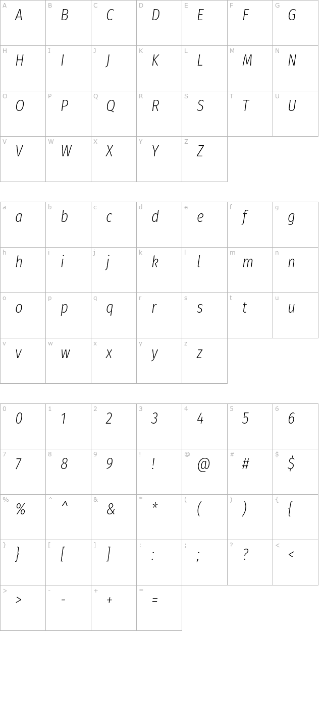 Fira Sans Extra Condensed ExtraLight Italic character map