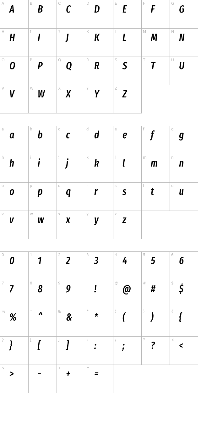 fira-sans-extra-condensed-medium-italic character map