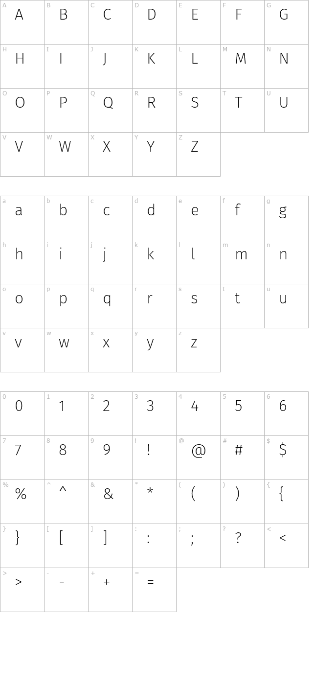 Fira Sans ExtraLight character map