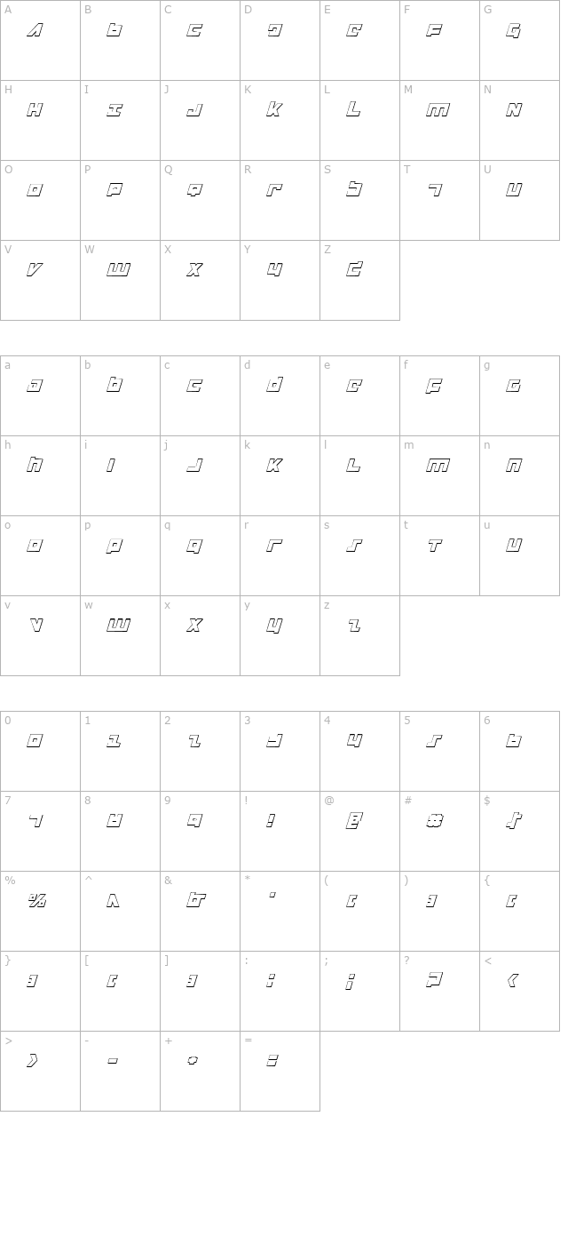 Flight Corps 3D Italic character map