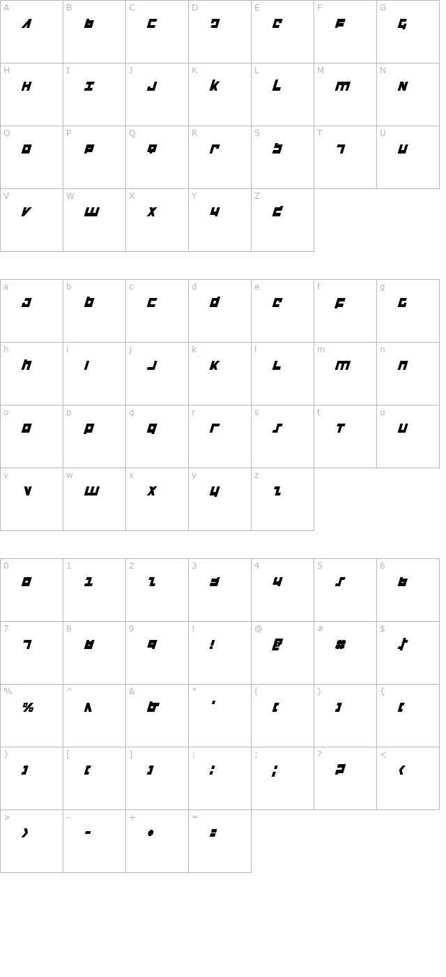 Flight Corps Condensed Italic character map