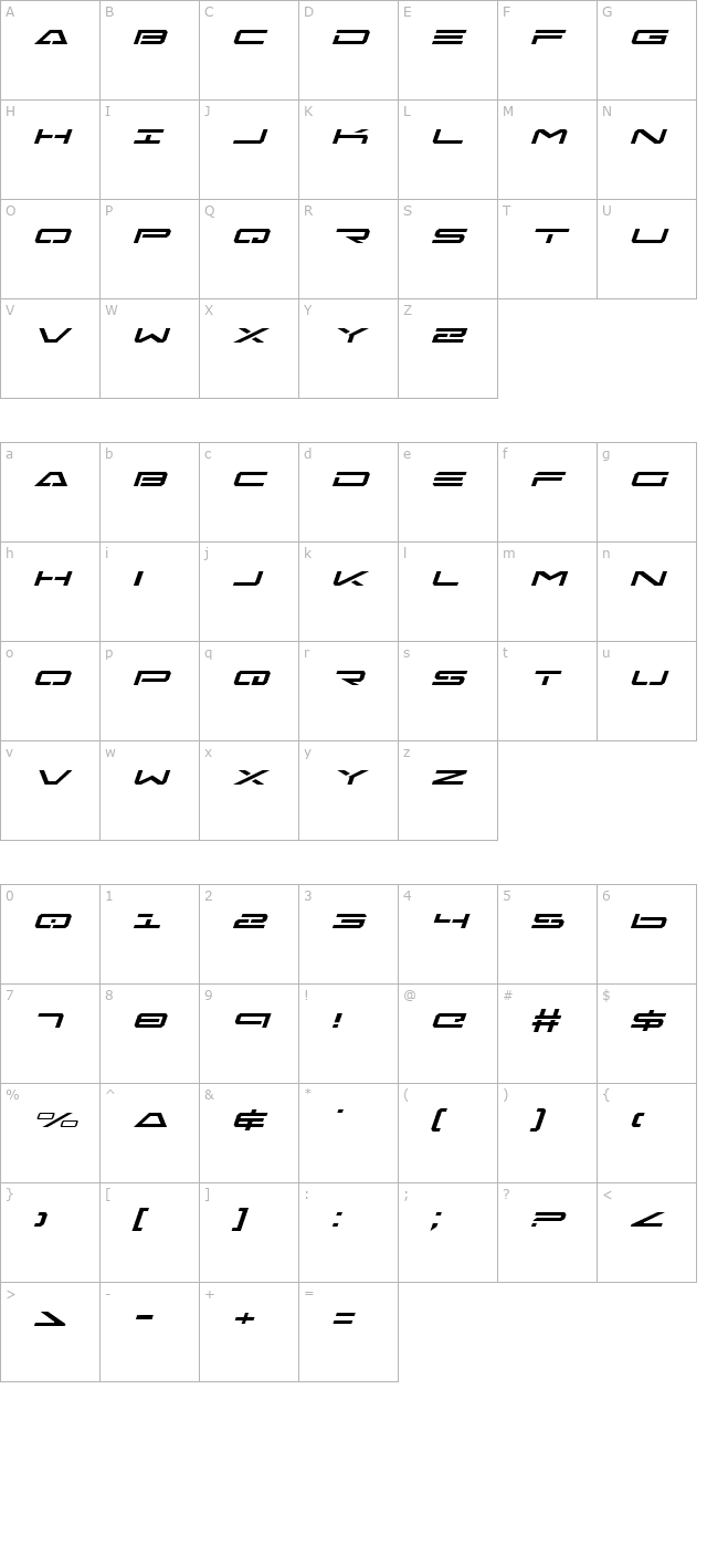 Free Agent Expanded Italic character map