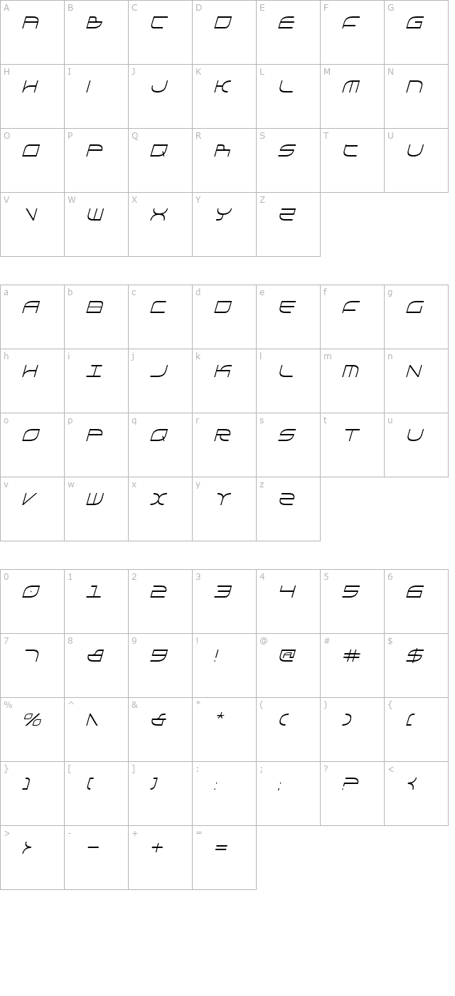 Galga Condensed Italic character map