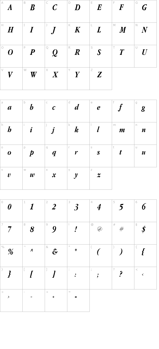 garamondflfcond-bolditalic character map