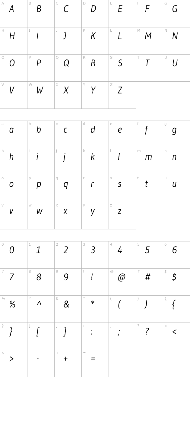 gudea-italic character map