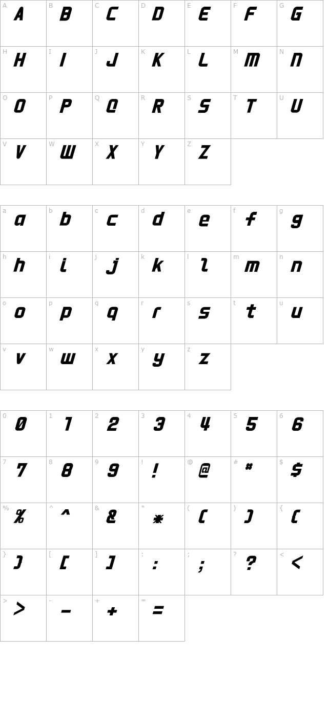 HNkani-Italic character map