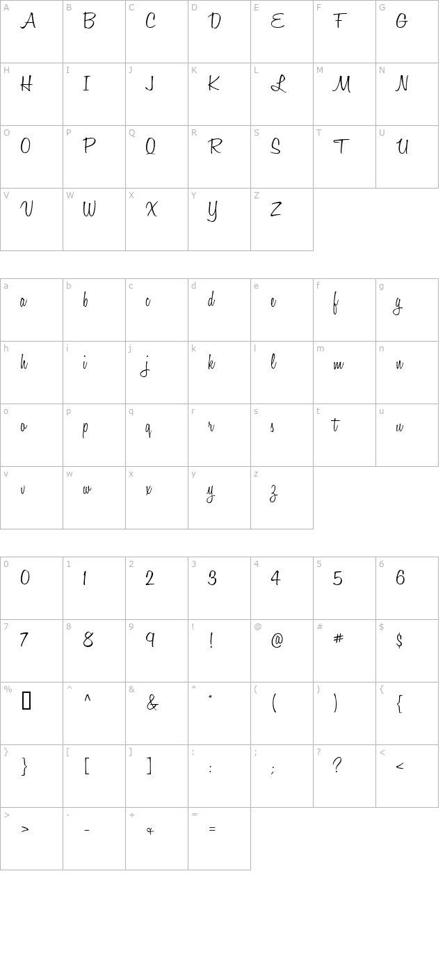 Honey Script Light character map