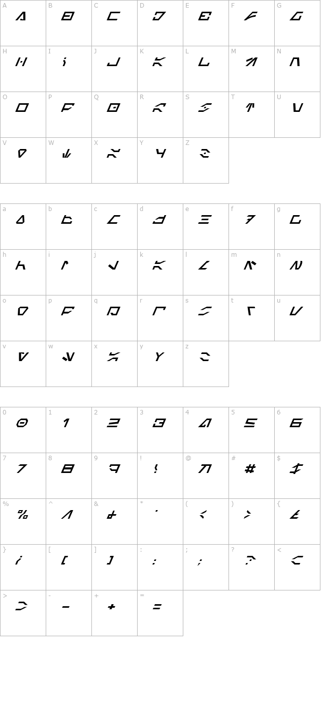 Imperial Code Italic character map