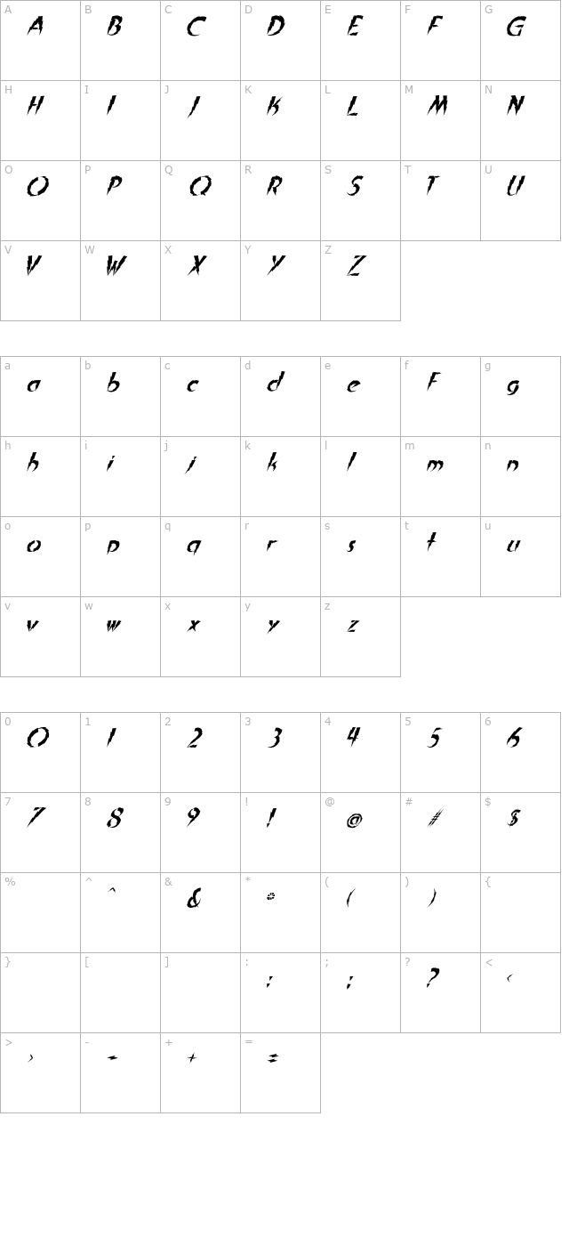 in-a-flash-italic character map