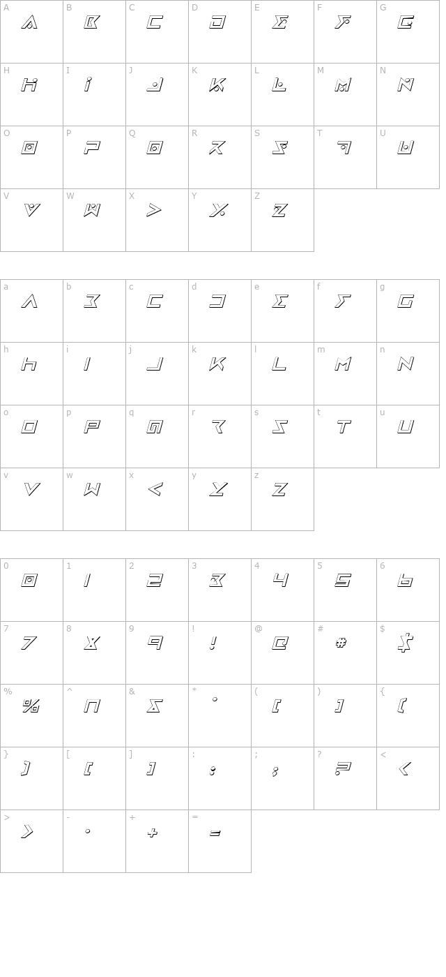 Iron Cobra 3D Italic character map