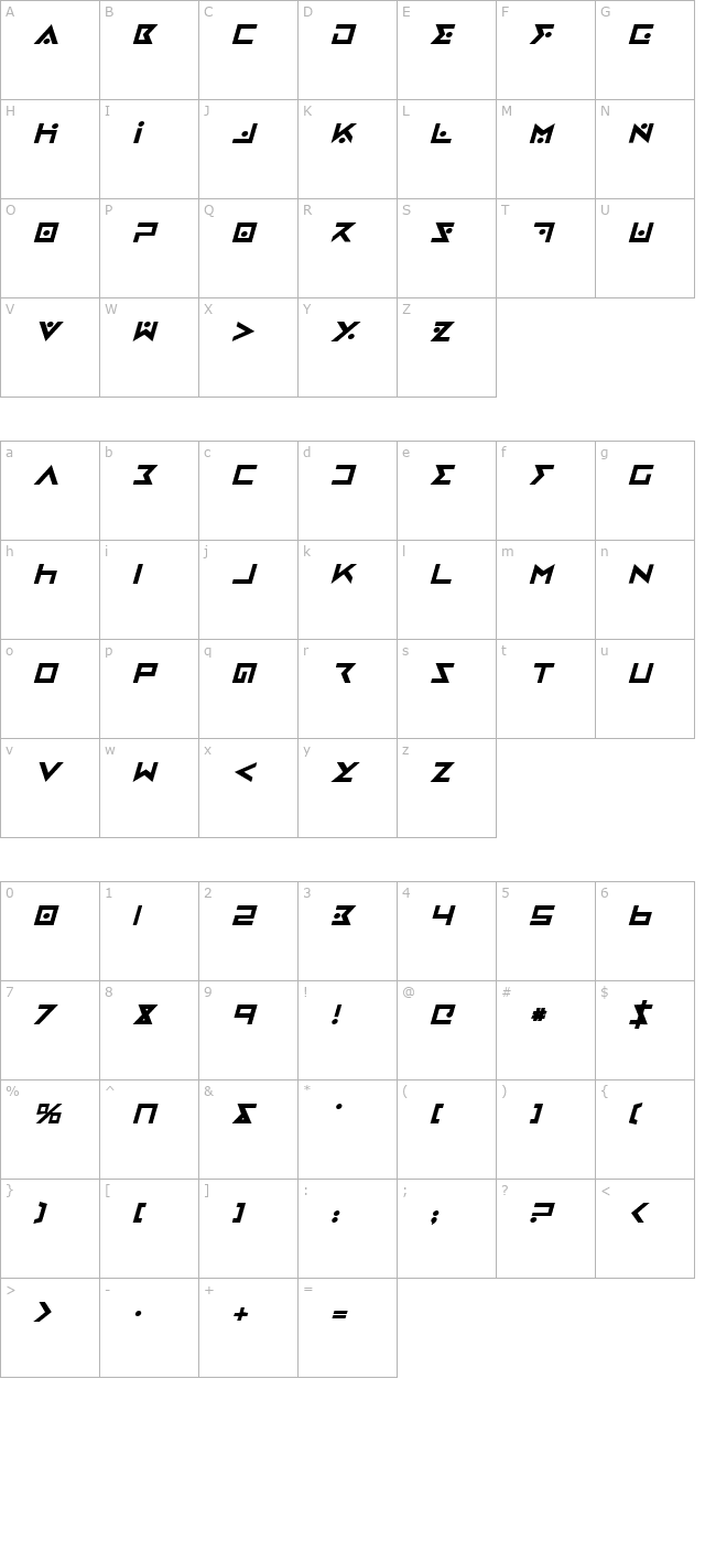 iron-cobra-bold-italic character map