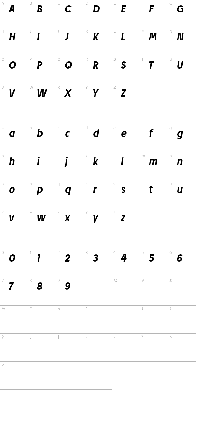 Josef Pro Bold Italic character map