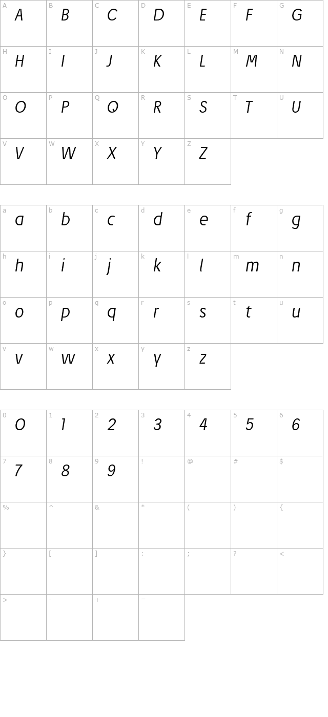 Josef Pro Light Italic character map