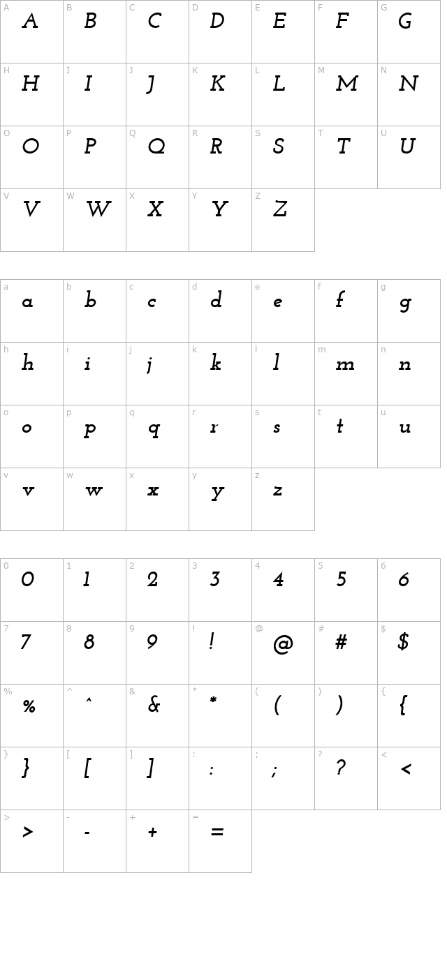 josefin-slab-bold-italic character map