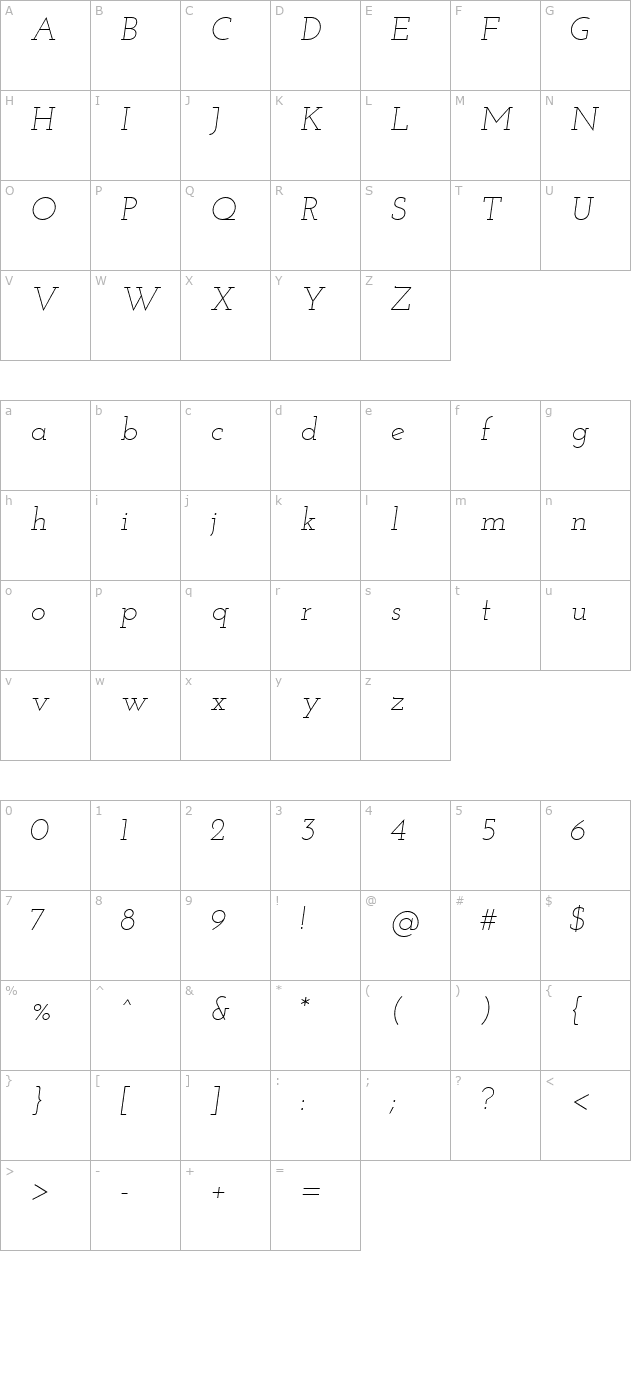 josefin-slab-light-italic character map