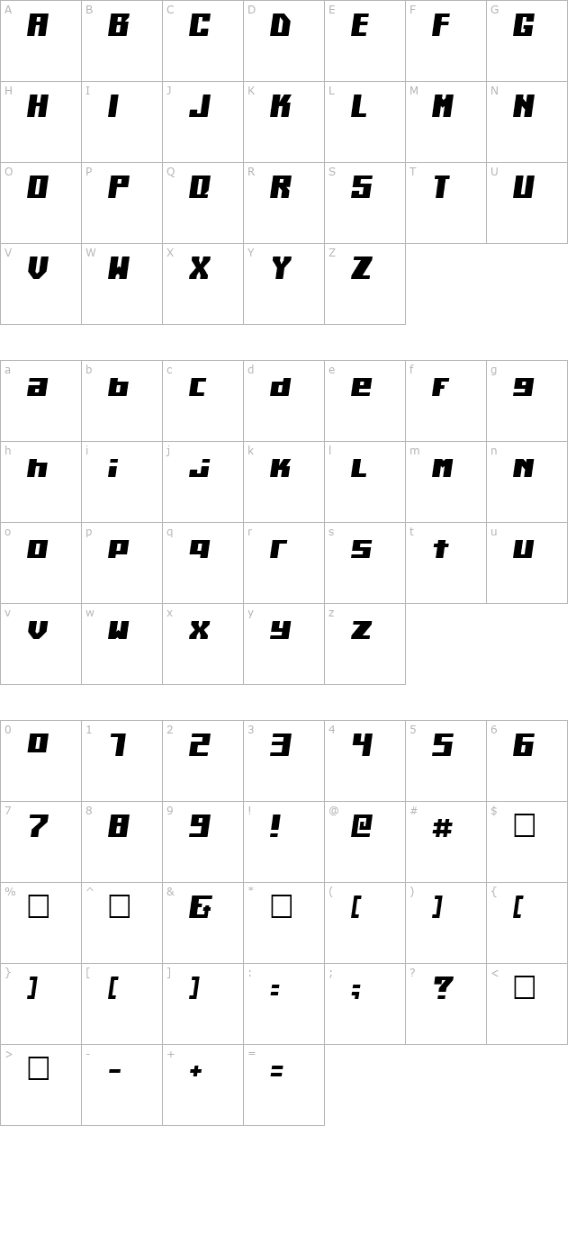 Kiloton Condensed Italic character map