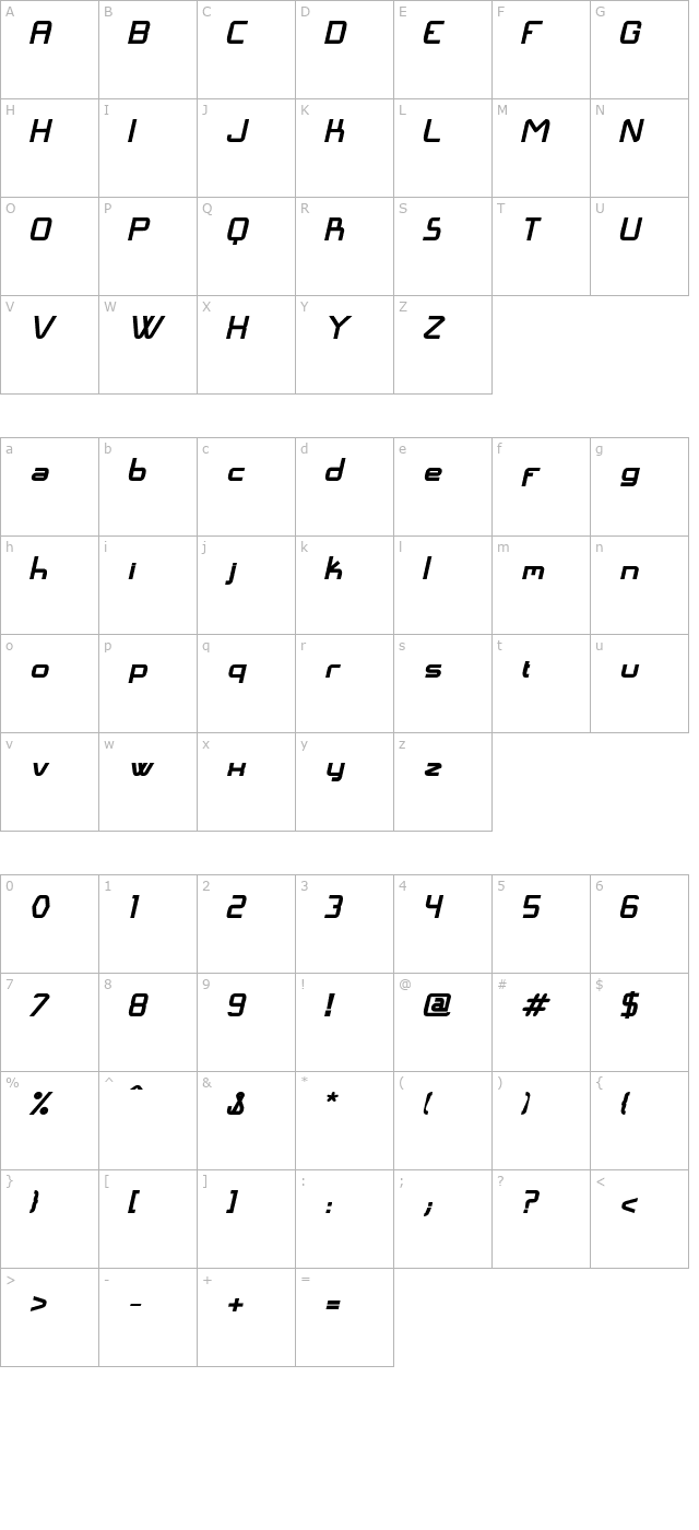 Langó BoldItalic character map