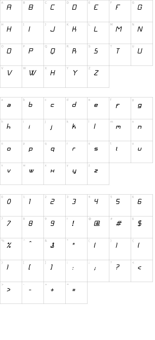 Langó Italic character map