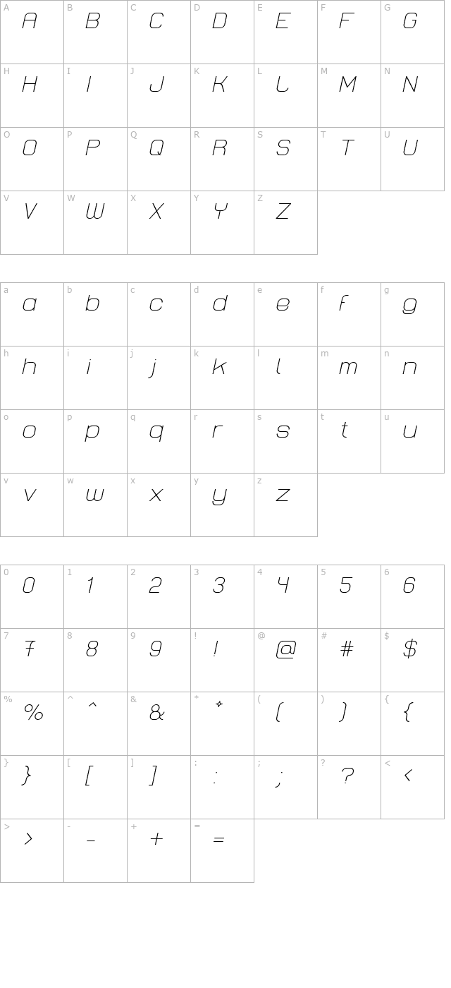 Lastwaerk light Oblique character map