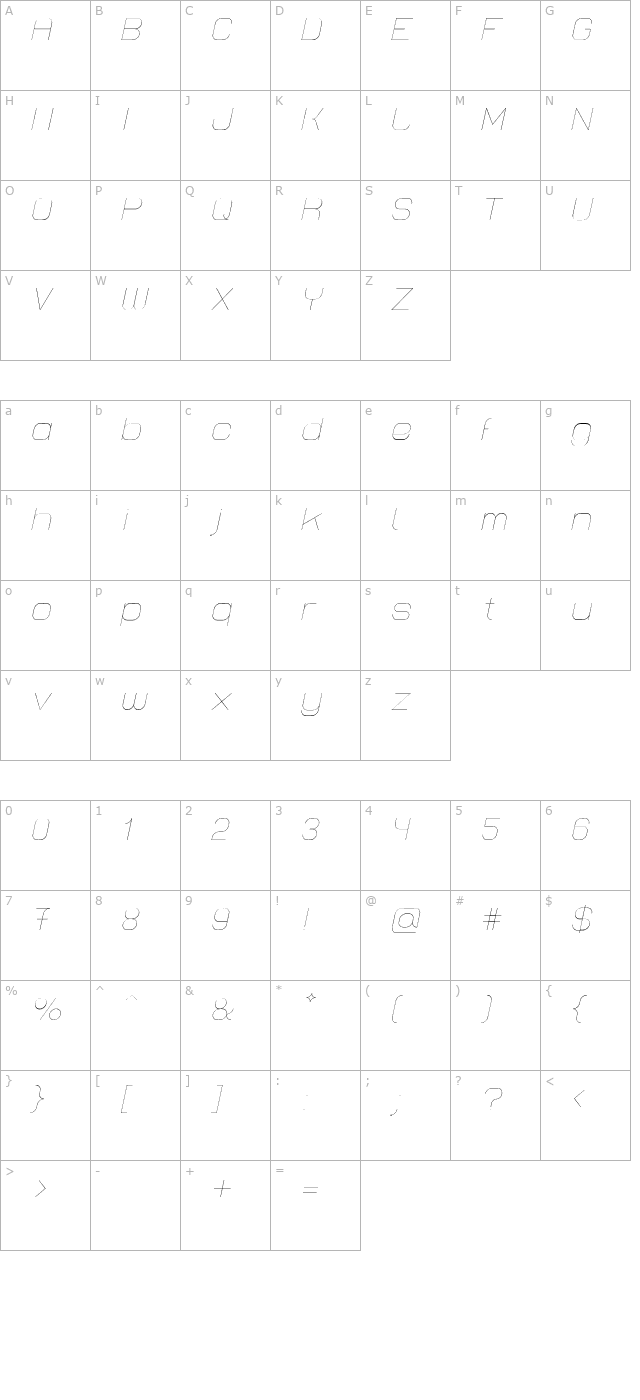 Lastwaerk thin Oblique character map