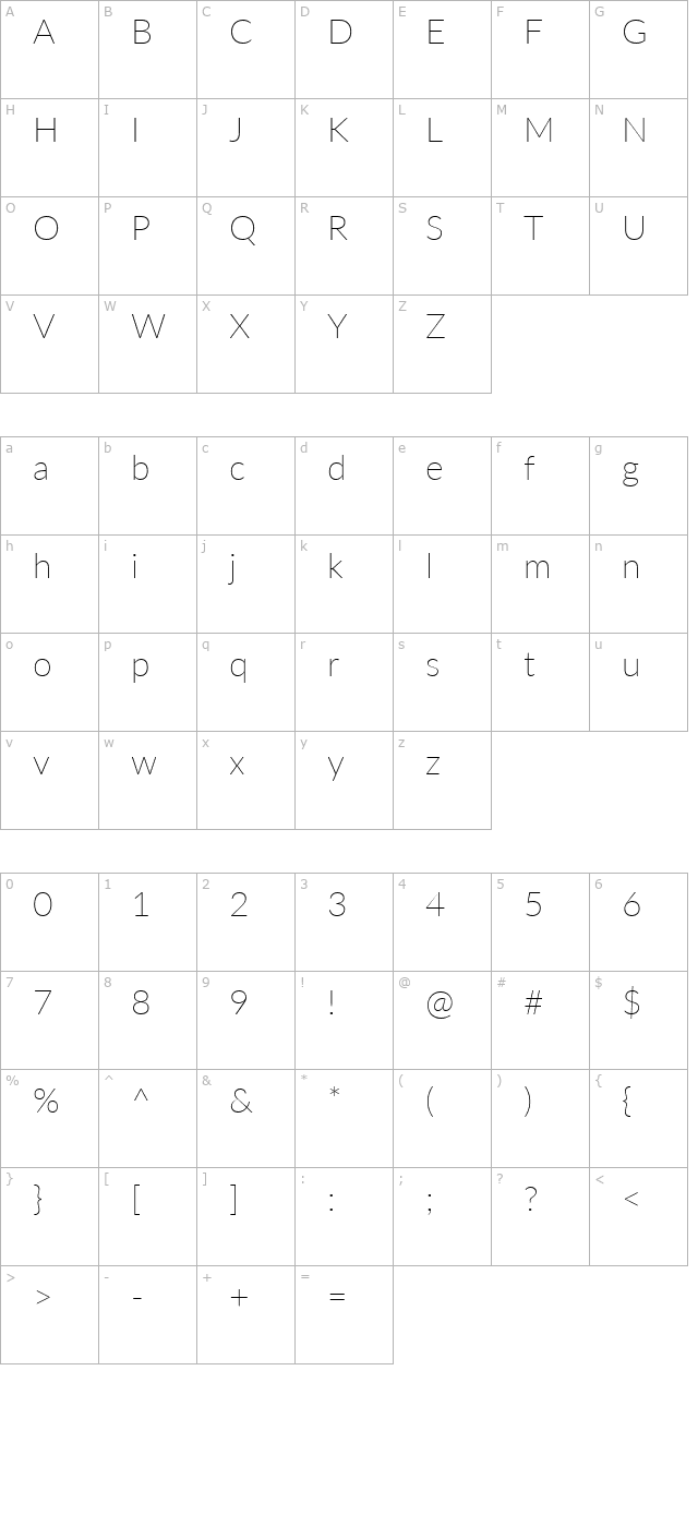 lato-extralight character map