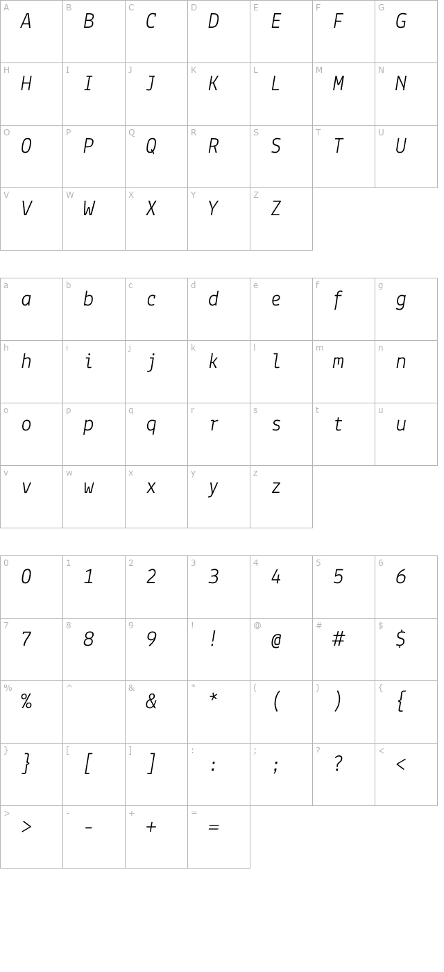 lekton-italic character map