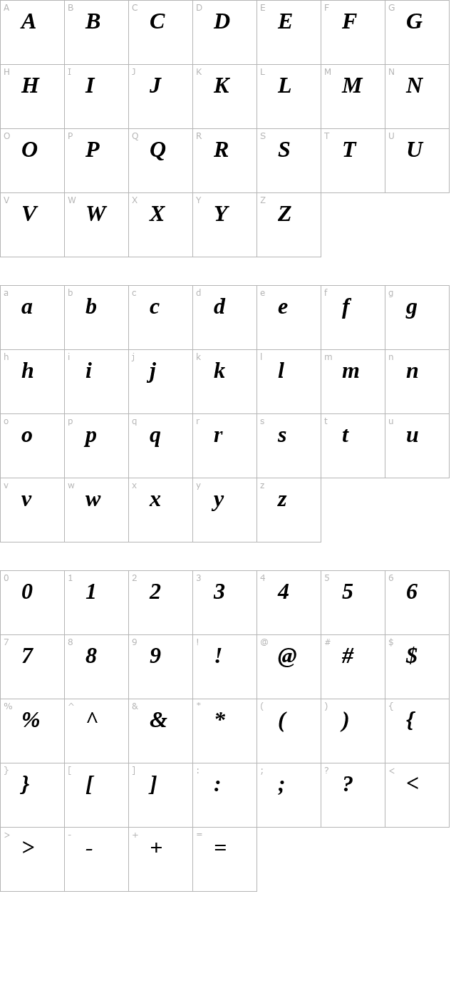 Liberation Serif Bold Italic character map