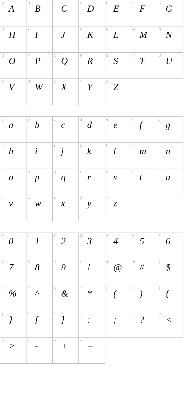 Liberation Serif Italic character map