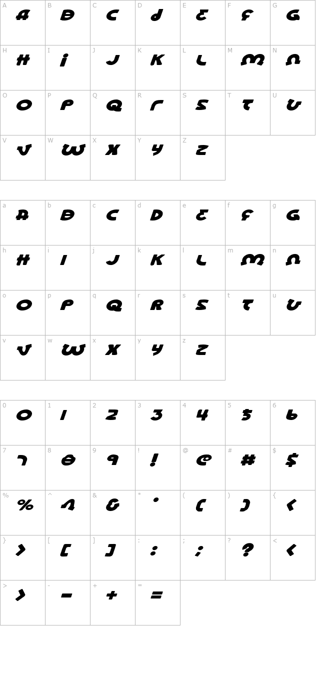 Lionel Expanded Italic character map