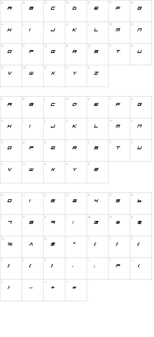 Low Gun Screen Bold Expanded Italic character map