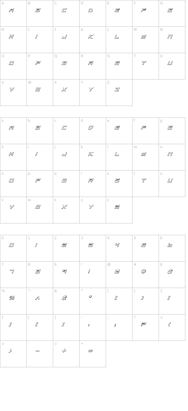 Low Gun Screen Bold Outline Italic character map