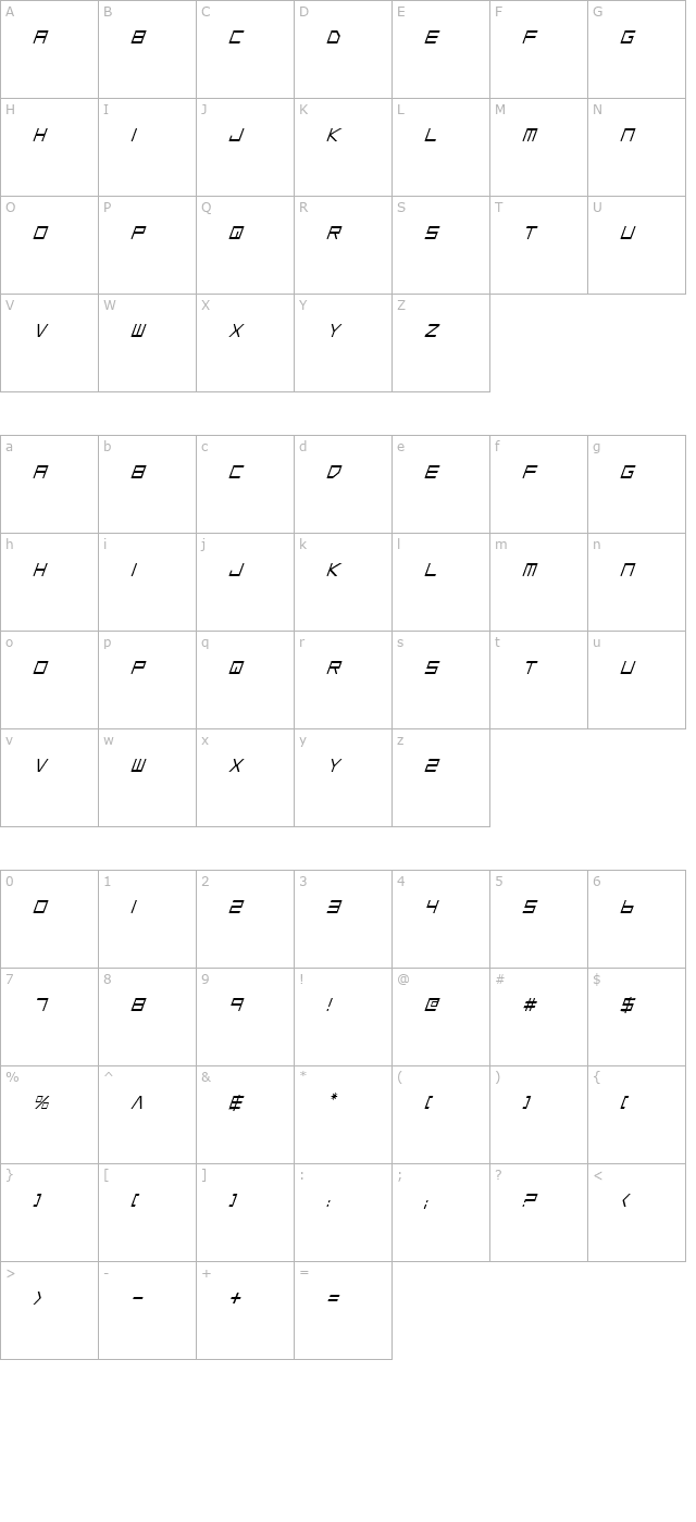 Low Gun Screen Condensed Italic character map