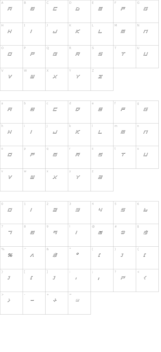 Low Gun Screen Outline Italic character map