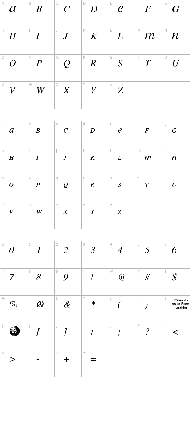 MEAN 26 Italic character map