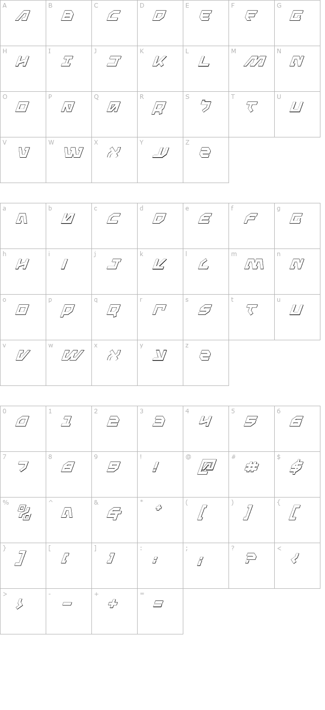 Metal Storm 3D Italic character map