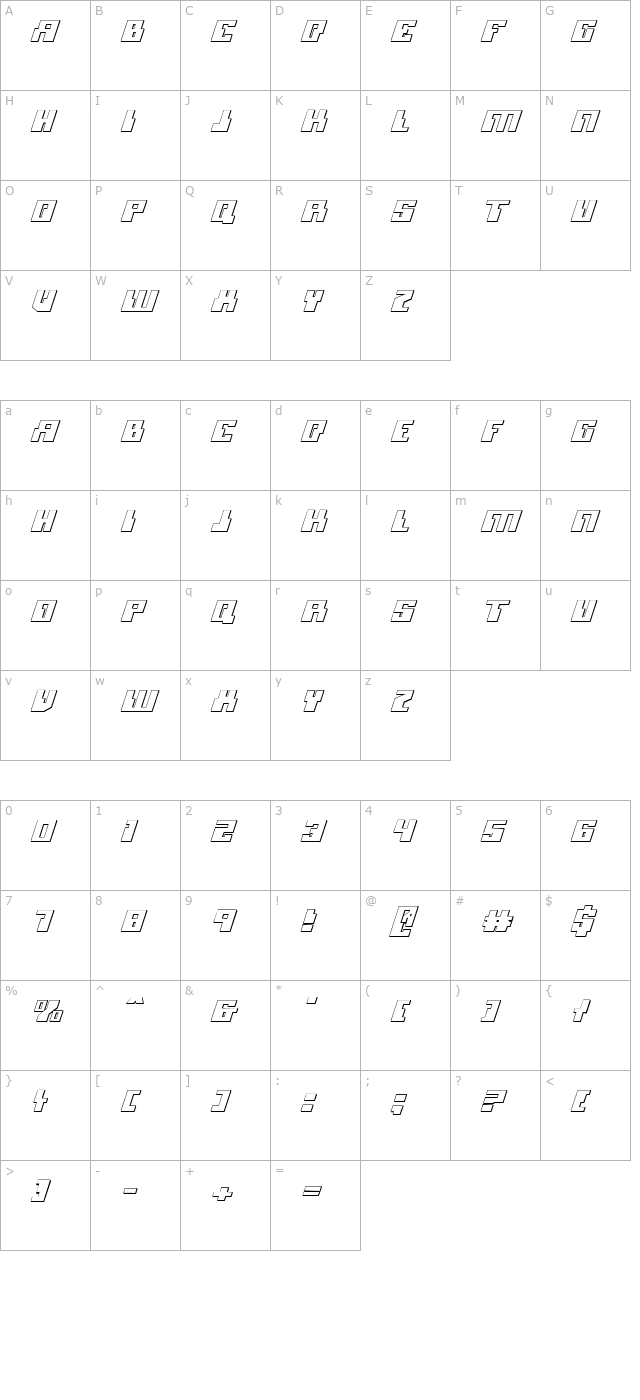 Micronian 3D Italic character map