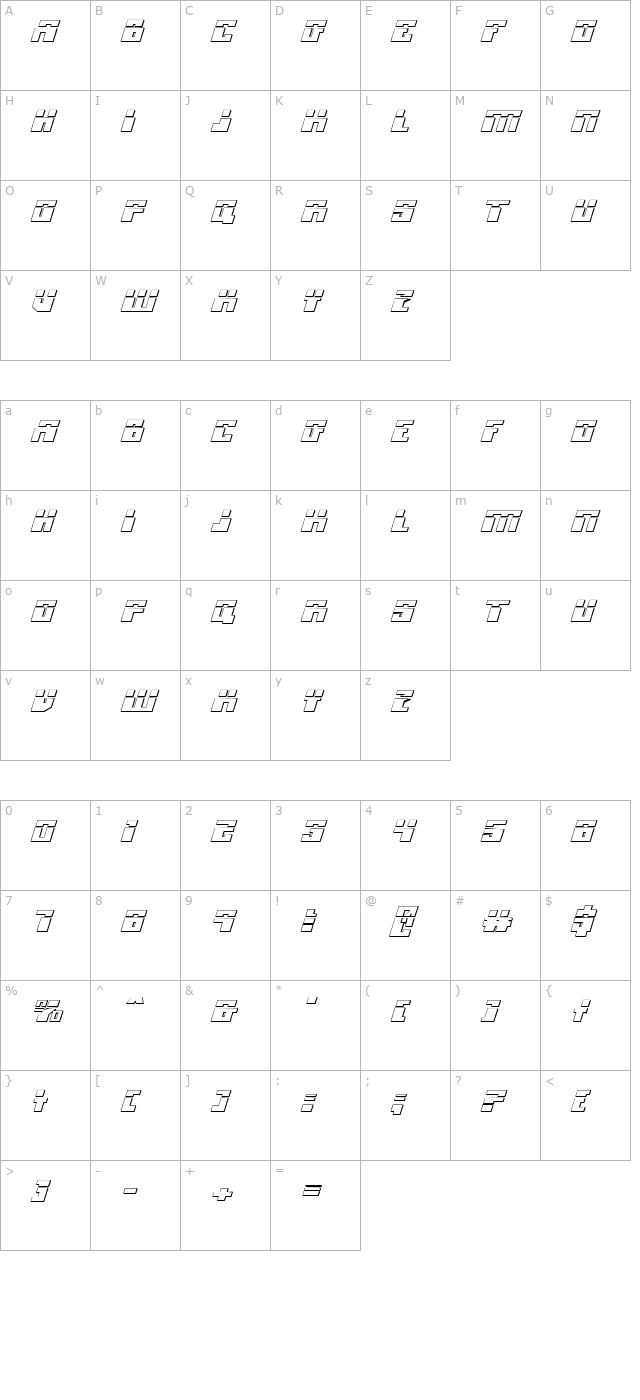 Micronian Laser 3D Italic character map