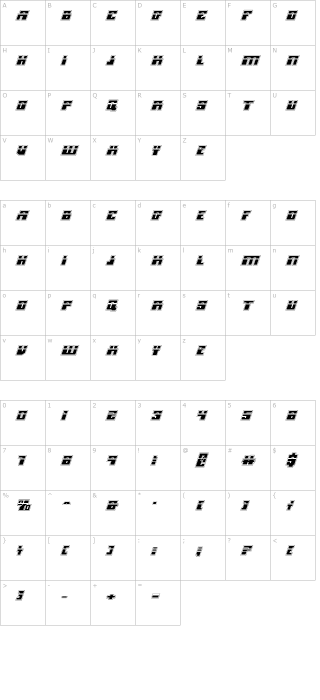 Micronian Laser Academy Italic character map