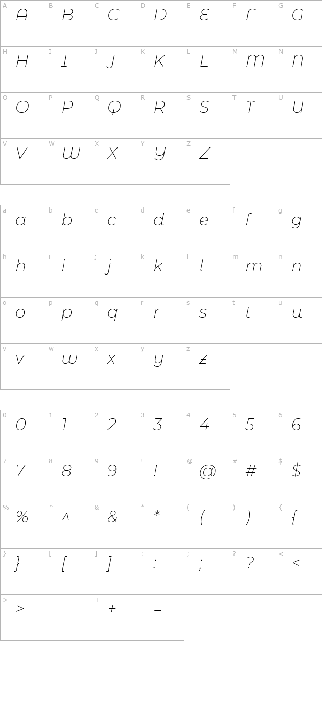 Montserrat Alternates ExtraLight Italic character map